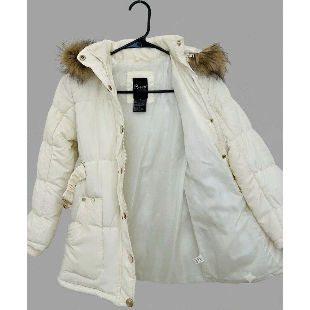NWOT B•HIP Girls White Winter Puffer Jacket Belted Faux Fur Hood Size 8 Coat
